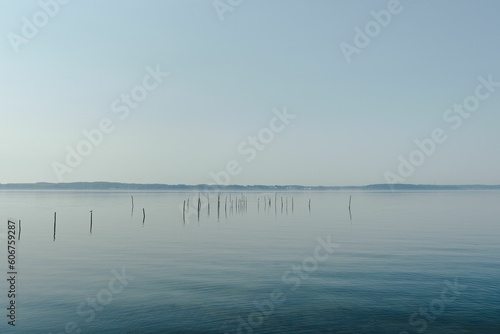 Beautiful seascape from Gendarmstien with slender wood sticks in the water in Denmark, Grasten