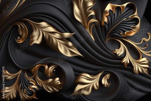 A black and gold wallpaper with gold leaves, created with Generative Ai Technology