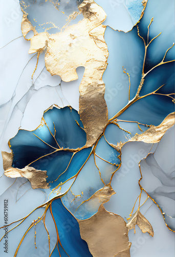 Pintura abstrata em tons de azul claro e cinza claro arte de tinta de álcool ouro quebrado sobre seda. Gerado IA