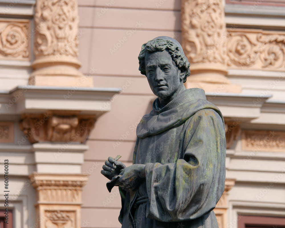 Close-up photo of a statue of Andrija Kacic Miosic, placed on Mesnicka Street, Zagreb, Croatia