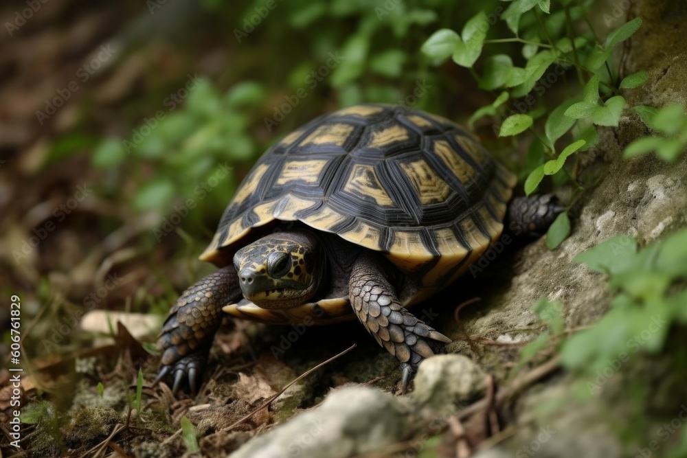 Spur thighted turtle Testudo graeca in natural habitat, Generative ai Spur thighted turtle Testudo graeca in natural habitat, Generative ai