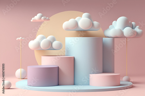 Abstract minimal concept. Pastel magical colourful Podium background with clouds and abstract landscape. Mock up template for product presentation. copy text space
