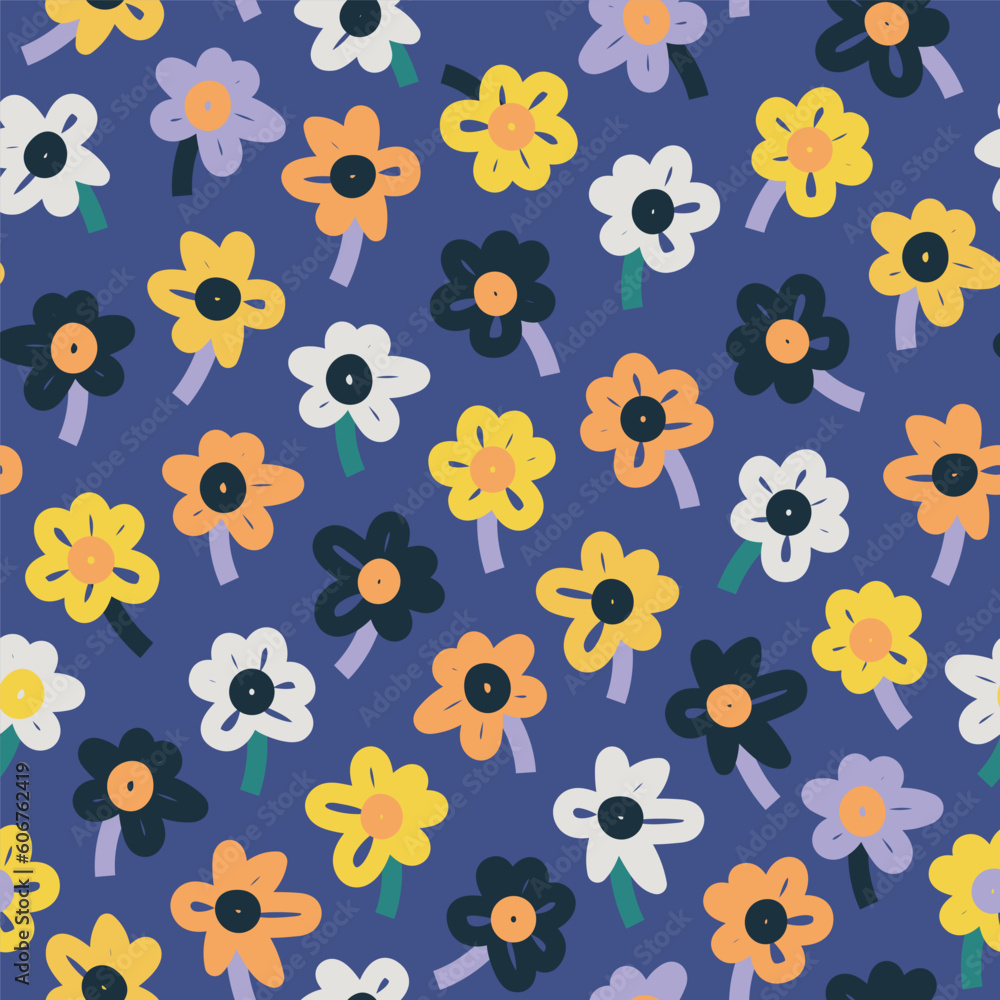 Seamless pattern of simple flowers. Collection of hand drawn natural elements. Bold Florals. Print on a dark background
