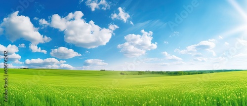 Panoramic natural landscape with green grass field meadow and blue sky with clouds  bright sun and horizon line. Panorama summer spring grassland in sunny day