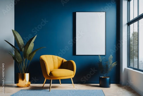 Modern interior with yellow chair, rug, plant, window and empty poster in frame with copy space on blue wall. Generative AI.