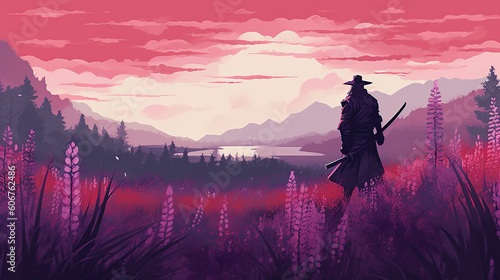 Samurai anime in a misty field of lupines