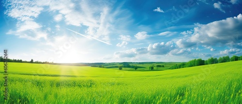Panoramic natural landscape with green grass field meadow and blue sky with clouds  bright sun and horizon line. Panorama summer spring grassland in sunny day