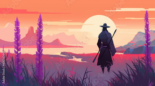 Samurai anime in a misty field of lupines