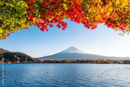 Scenic shot of colorful maple leaves against the view of Mount Fuji and Lake Kawaguchi