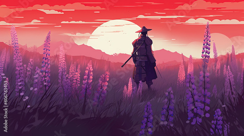 Samurai anime in a misty field of lupines © Absent Satu