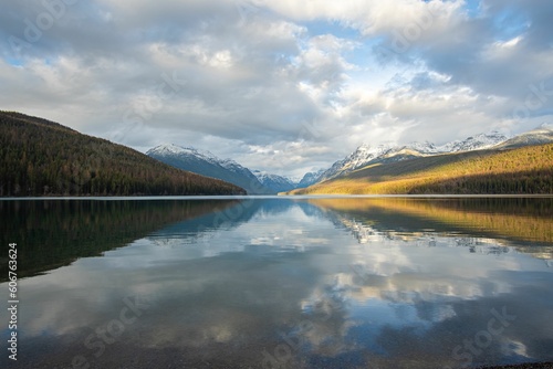 Lake overloooking Glacier National Park in Montana photo