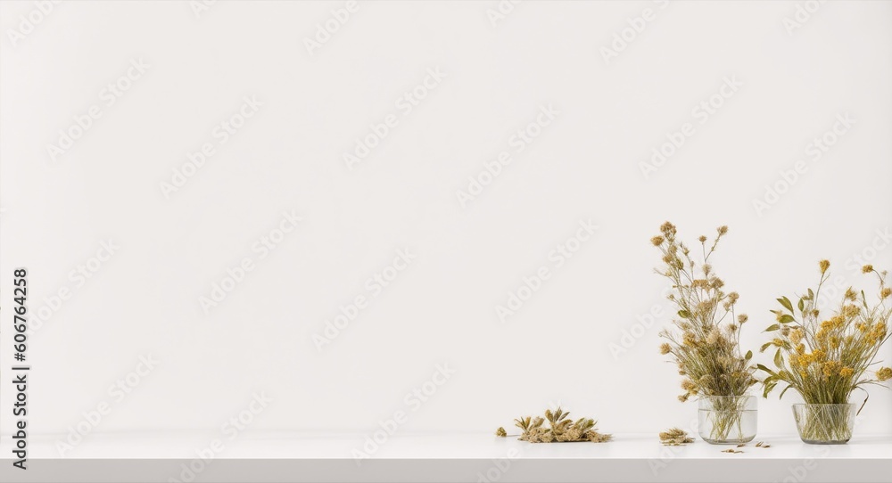 Plants with dry flowers on a table against bright white wall in the room. Mockup, generative ai - obrazy, fototapety, plakaty 