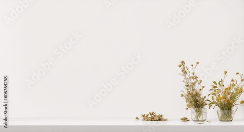 Plants with dry flowers on a table against bright white wall in the room. Mockup  generative ai