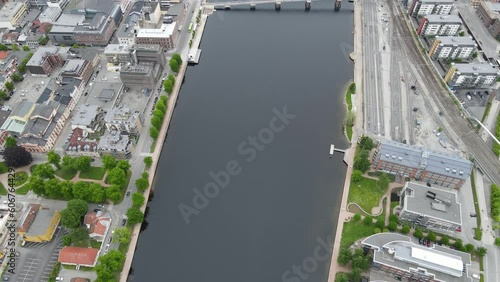 Drone view over the river at Drammen in Viken, Norway - slow motion photo