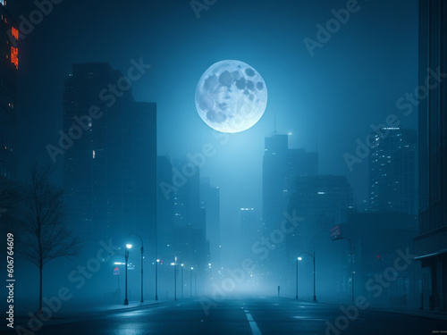 Full moon in the middle of a silent foggy city. Generative AI