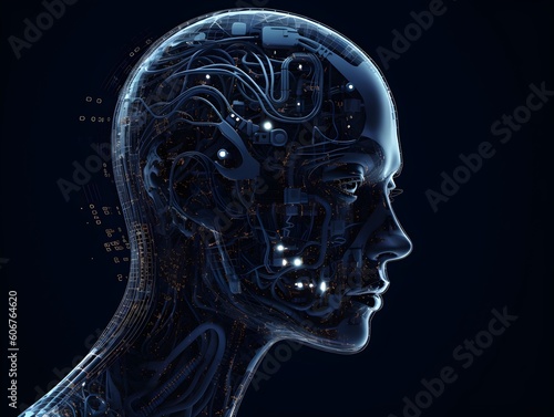 3D Visualization of AI: Side Profile with Neon Blue Glows on Dark Background, Generative AI, Generative, KI