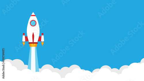 flat style rocket launch in the sky flying over clouds. Space ship in smoke clouds. Business and Start up with copy space concept template