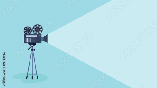 Flat style of movie time poster. Vintage cinema film projector with white background for text or ads.