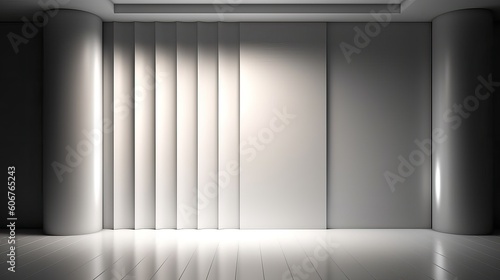 Universal abstract modern interior background for product presentation with a textured white panel on a dark gray wall with beautiful light and shadow highlights