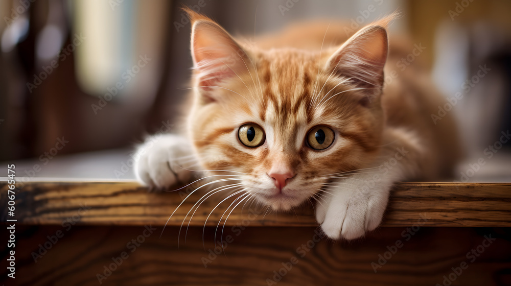 Cat lying on the table looking into the camera. Generative AI Cat lying on the table looking into the camera. Generative AI