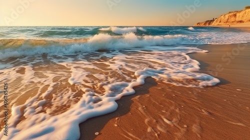 Ocean waves on the beach with punchy colours. Beautiful natural summer vacation holidays background.