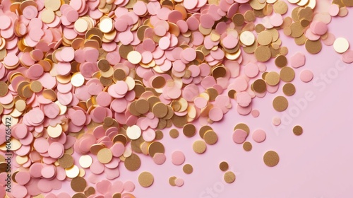 Fototapeta Naklejka Na Ścianę i Meble -  Golden pink sparkles on pink background. Light pink minimalistic festive glamorous background with scattered metal glitter in delicate pastel colors