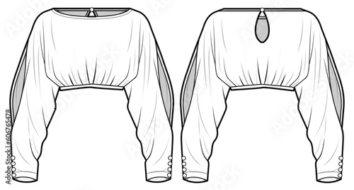 Split Long Baggy Sleeve Crop Top  Front and Back View. Fashion Illustration, Vector, CAD, Technical Drawing, Flat Drawing, Template, Mockup.