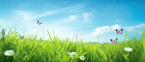 Young green juicy grass and fluttering butterflies in nature against blue spring sky with white clouds. Spring nature panorama © Eli Berr