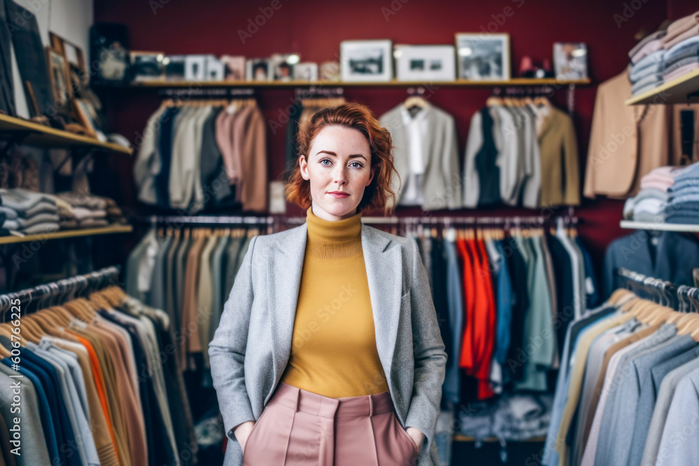 Smartly dressed woman posing in a clothing store. Generative AI.