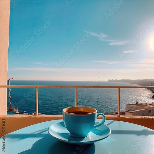 a blue cup of coffee with a sea view Generative Ai