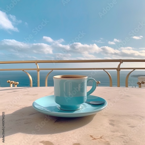 a blue cup of coffee with a sea view Generative Ai