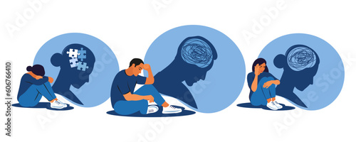Depressed people sitting on floor and hugging knees. Mental health concept. Depression, bipolar disorder, obsessive compulsive, post traumatic stress disorder. Vector illustration.