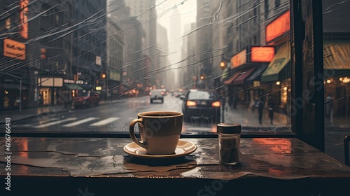 a cup of coffee on a table in front of a shop window Generative Ai