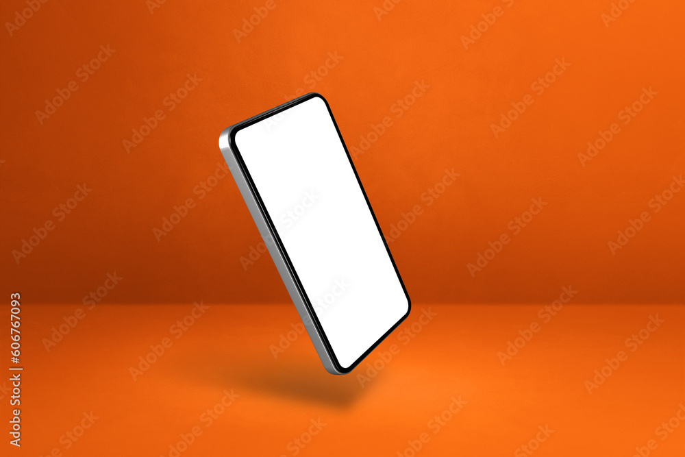 Floating smartphone isolated on orange. Horizontal background Floating smartphone isolated on orange. Horizontal background