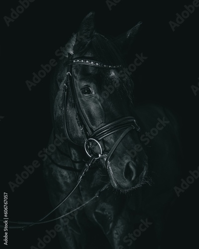 Black and white portrait of a Stallion horse head against dark background