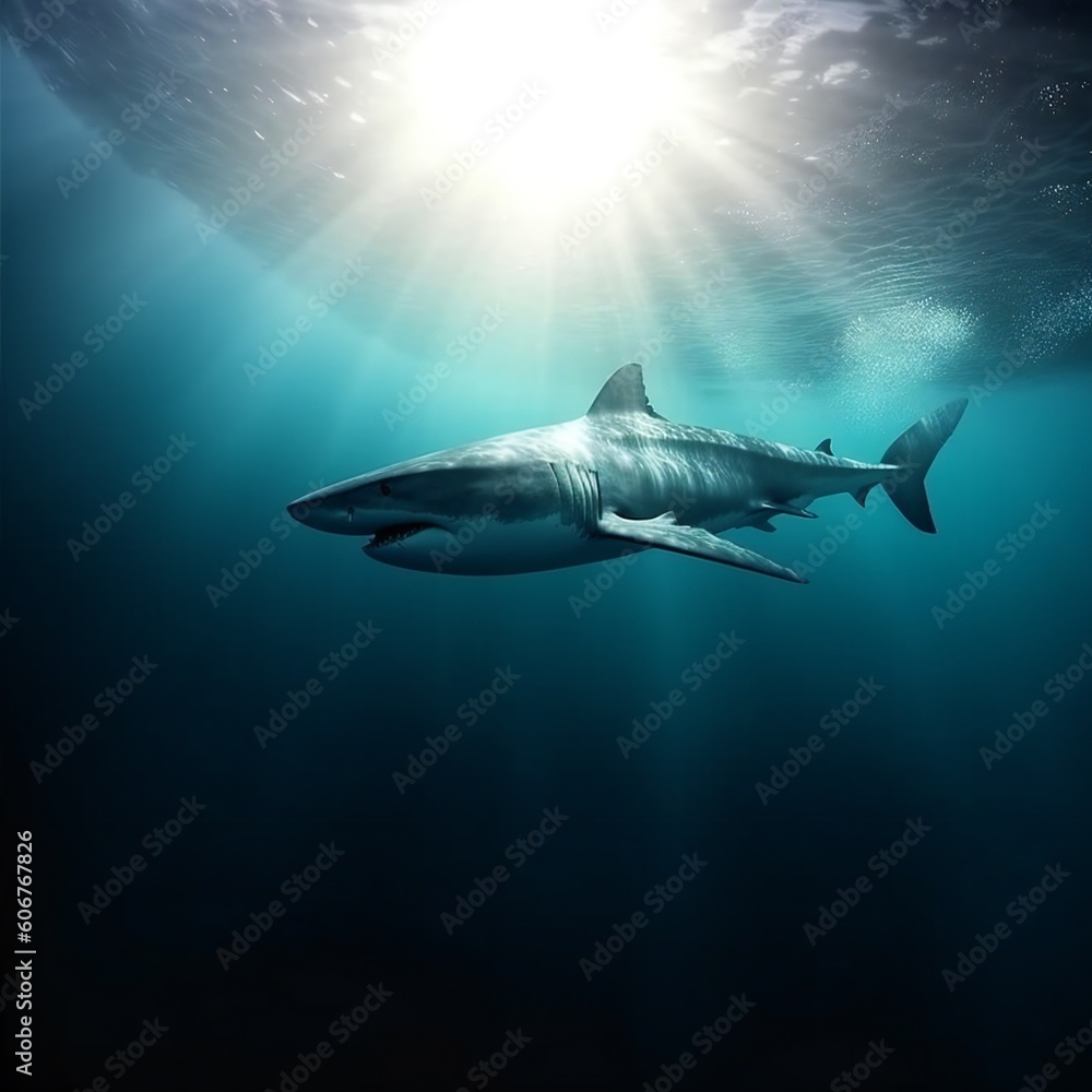 Fototapeta premium selective image of hark swimming and looking for prey to eat in the deep blue of the oceans. Generative ai