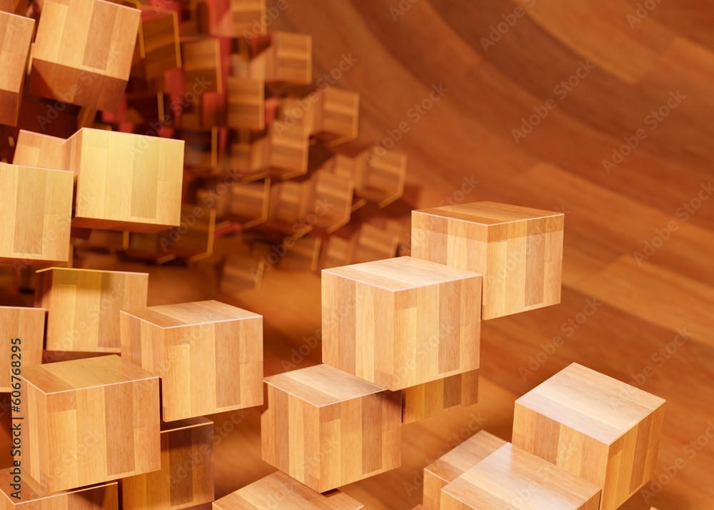 3d rendering of a stack of wooden cubes, abstract background