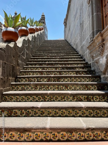 Stairway upwards with decorative steps and tiles  planters  and blue sky