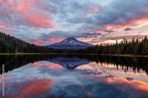 Gorgeous sunrise view over Trillium Lake, Oregon Cascades, Mt Hood © Mike Iles/Wirestock Creators