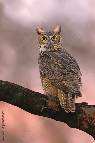 Vertical closeup of a great horned owl, Bubo virginianus.