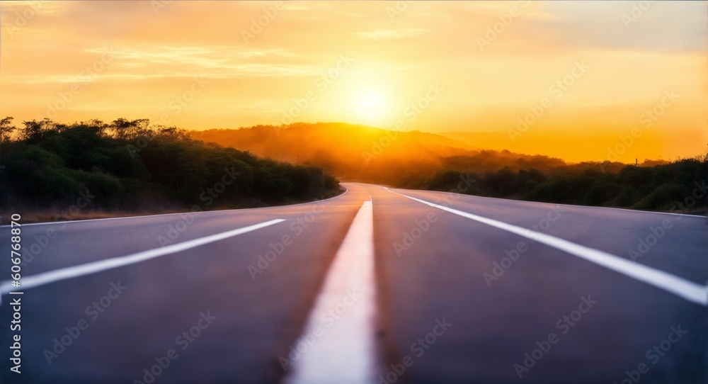 Blurry of road in the middle of asphalt road at sunset.Concept of planning and challenge or career path, business strategy, opportunity and change.New year or start straight concept, generative ai