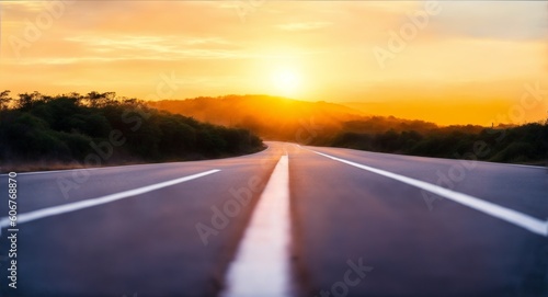 Blurry of road in the middle of asphalt road at sunset.Concept of planning and challenge or career path, business strategy, opportunity and change.New year or start straight concept, generative ai © Karol