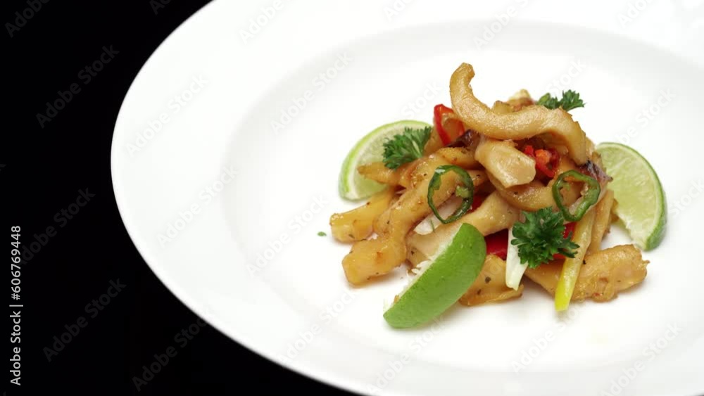 Spinning salad featuring lime, garnish and bell pepper on a white plate. Spinning salad featuring lime, garnish and bell pepper on a white plate.
