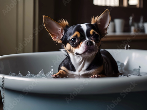 Chihuahua dog bathing in a bathtub, ai generated