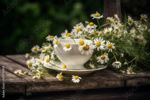 Spring chamomile flowers in teacup on wooden table, Generative ai photo