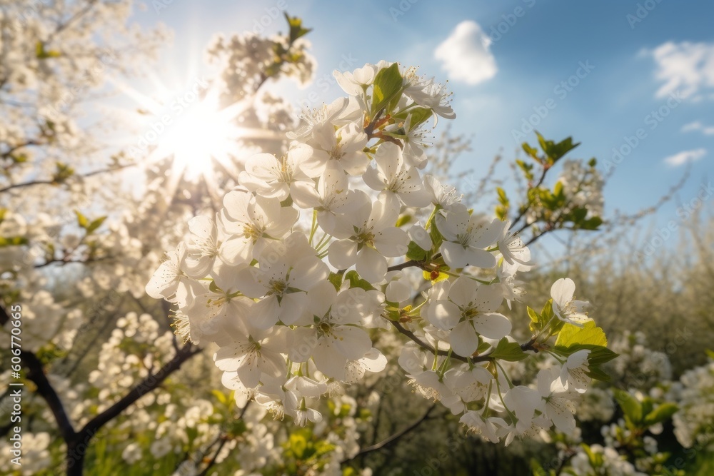 Spring blooming - white blossoms and sunlight in the sky, Generative ai Spring blooming - white blossoms and sunlight in the sky, Generative ai