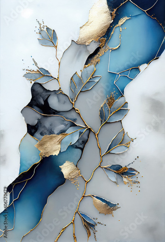Pintura abstrata em tons de azul claro e cinza claro arte de tinta de álcool ouro quebrado sobre seda. Gerado IA photo