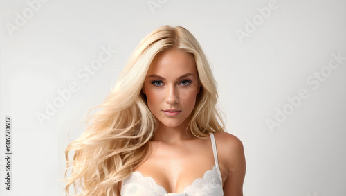 Beautiful blond haired with stylish long hairstyle. Woman with a wavy hair. Beautiful young woman with natural makeup portrait. Generative AI