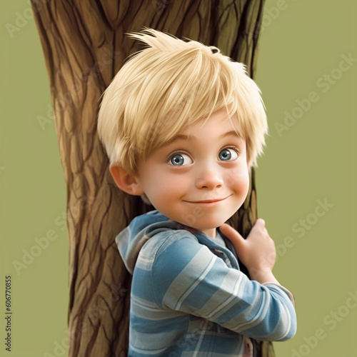 Cute cartoon little boy blond hugs a tree and smiles joyfully, AI generated