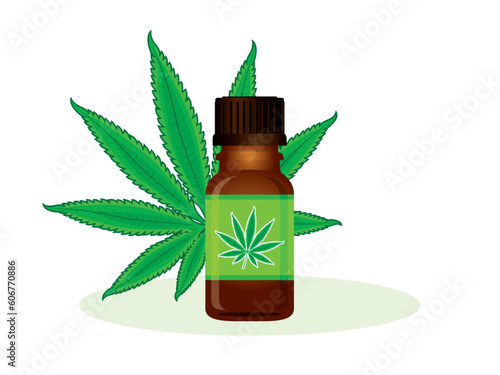 CBD oil with green hemp leaf in a brown glass bottle vector illustration. Hemp cosmetics icon isolated on a white background. Glass cosmetic bottle with CBD oil drawing